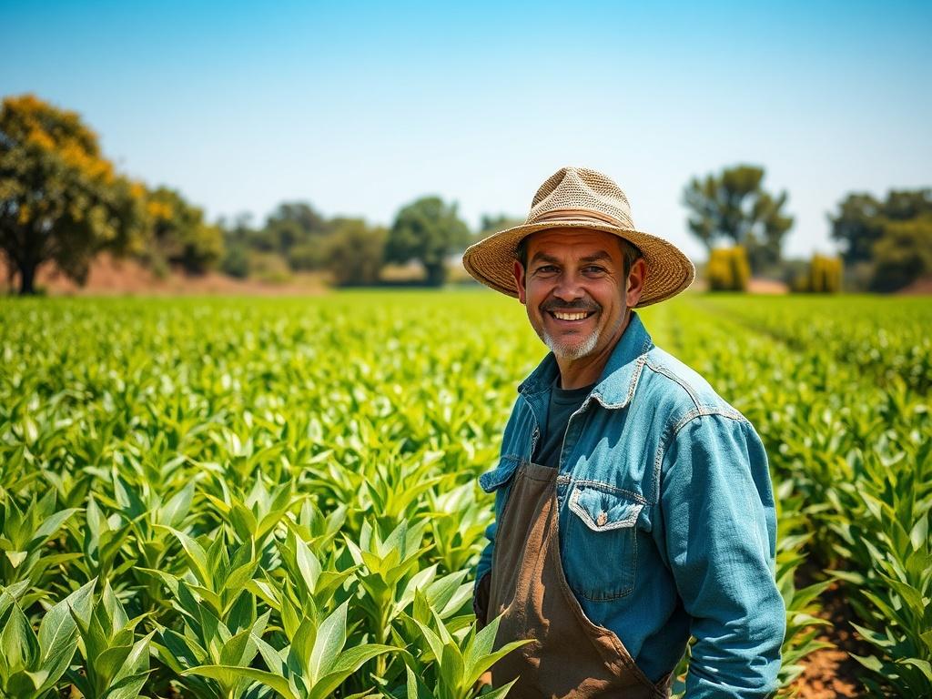 A realistic high resolution of a farmer in a lush