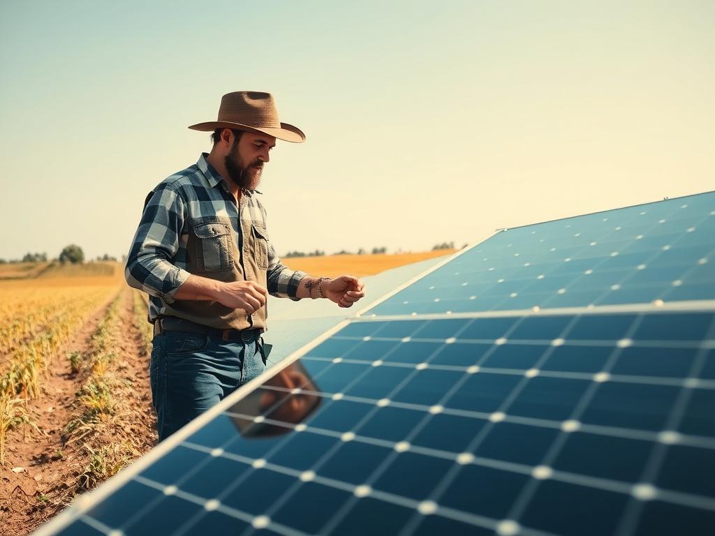 A solar panel installation on a farming property, with a