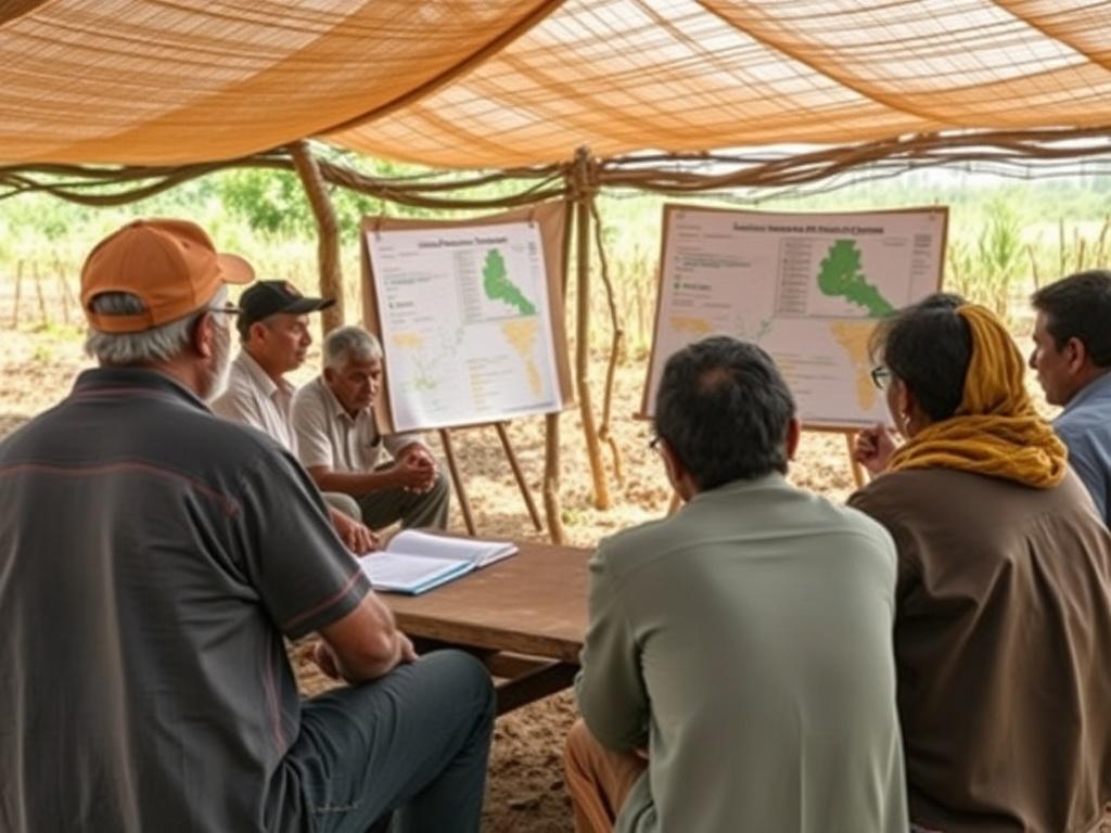 A solar panel installation on a farm, with farmers observing the setup in a bright, sunny environment, highlighting the combination of technology and agriculture.