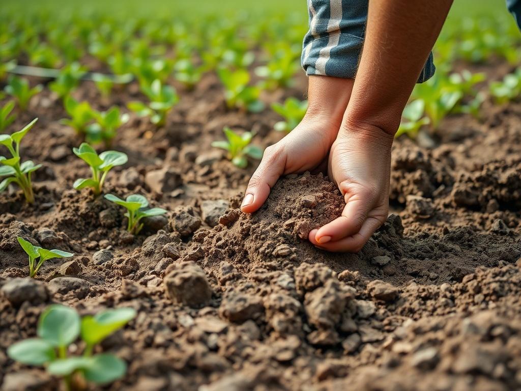 A farmer inspecting soil on a field with lush green crops in the background, showcasing a close-up of hands in the earth, natural lighting, and a serene rural setting.