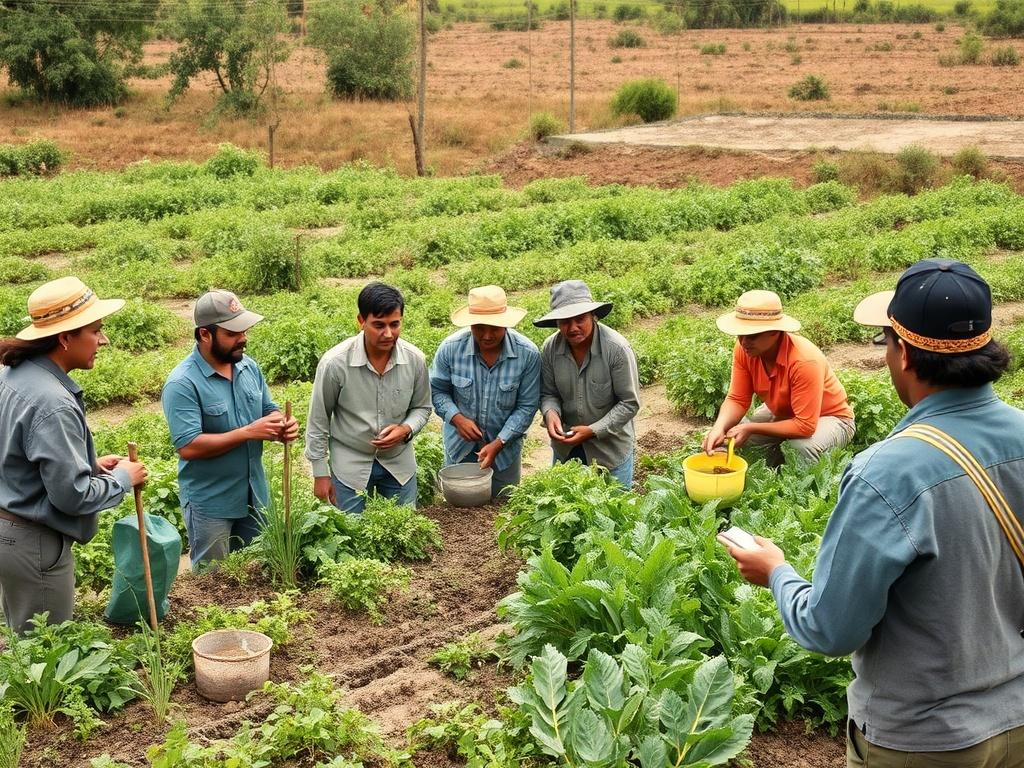 A group of farmers participating in a hands-on training session in a field, actively engaged in learning about sustainable farming techniques, surrounded by greenery and agricultural tools.