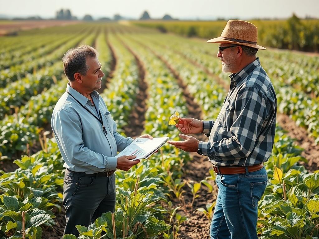 A consultant discussing progress with a farmer in a field, accompanied by visual aids like charts or graphs, with a backdrop of thriving crops.