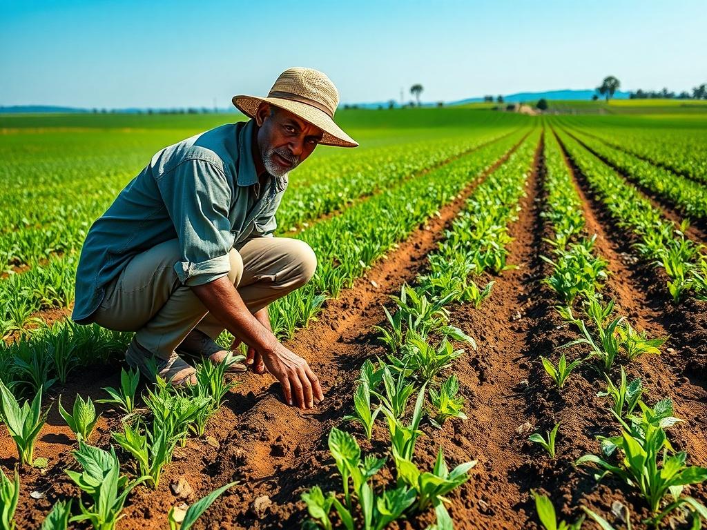 Create a realistic high-resolution photo centered around the theme "Good Agronomic Practices for Sustainable Farming." The image should prominently feature a single subject: a smallholder farmer examining a healthy row of crops in a lush green field. The farmer, dressed in practical work attire, should be shown kneeling down, inspecting the soil for moisture, with a look of determination and care on their face. 

The background should showcase an expansive landscape of vibrant green fields under a clear blue sky, symbolizing the essence of sustainable agriculture. Include a distant view of gentle hills or a tree line to add depth and natural beauty to the scene. Surround the farmer with well-maintained crops, displaying varied colors such as rich greens and earthy browns, reflecting healthy growth and careful management.

The overall composition should be simple and clear, allowing the viewer's focus to remain on the farmer and their interaction with the land. Capture natural, warm lighting that highlights the textures of the soil and plants, reinforcing the connection between the farmer and sustainable practices. Ensure that the image conveys a sense of hope and commitment to sustainable agriculture, evoking the essence of good agronomic practices.